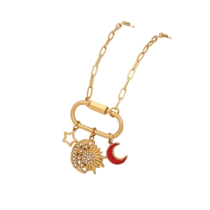 Gold star and moon pendant necklace with devil's eye charms and crystal accents