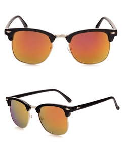 Detail of retro semi-rimless sunglasses with black frame and orange mirrored lenses