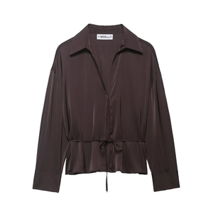 Elegant Satin Blouse Women Long Sleeve Waist Tie V Neck Lapel Solid Color Fashion Shirt