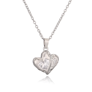 Silver double heart pendant necklace with large zircon stone on a white background