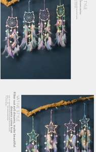 Detail of handmade dream catcher with macaron feathers and soft LED string lights