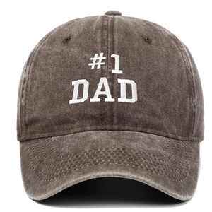 Close-up of white #1 DAD embroidery on washed vintage dark grey cotton baseball cap