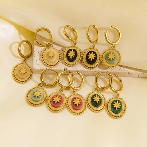 Bohemian gold stainless steel earrings with colorful oval stones and star engraving