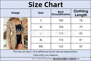 Detailed size chart for women's khaki drawstring jacket including bust and length data