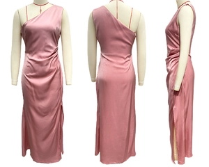 Three-view layout of pink satin one-shoulder dress with side ruching and a high slit detail