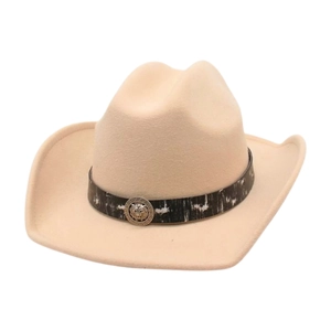 Beige western cowboy hat with lion metal buckle and black patterned ribbon band