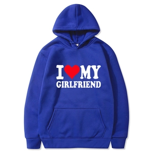 Dark blue long sleeve hoodie featuring white I love my girlfriend print with red heart