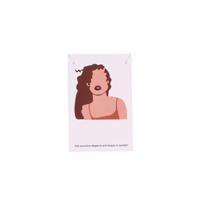 Pink jewelry display card with female illustration holding black stud earrings