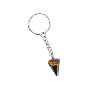 Tiger eye crystal hexagonal prism keychain with polished natural stone and silver metal ring