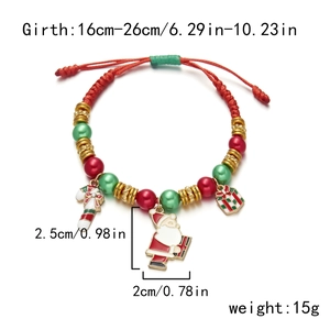 Detailed view of adjustable Christmas red cord bracelet with Santa and candy cane charms
