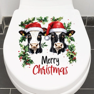 Christmas cow toilet lid sticker with Merry Christmas wreath on white seat
