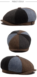 Three-angle views showing the vintage patchwork newsboy cap with tweed texture fabric