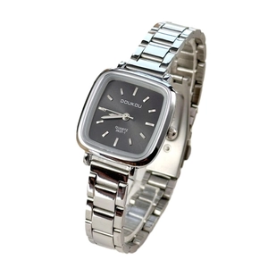 Elegant silver steel strap watch with a minimalist square black dial and metal hour markers