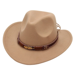 Camel western cowboy felt hat with feather ornament and ethnic woven band for sun protection