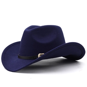 Classic navy blue wool felt western cowboy hat with black decorative belt and gold buckle