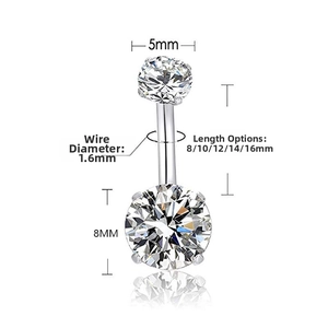 G23 titanium navel ring 14G thickness with 5mm and 8mm clear cubic zirconia detail