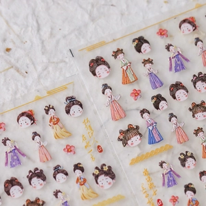 Traditional Hanfu girl nail art stickers with vintage Chinese style illustrations and floral motifs