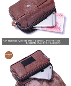 Detailed view of brown leather belt pouch featuring multi-layer zippers and card storage