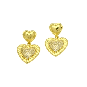 Close-up of heart-shaped gold drop earrings with micro-pave white rhinestones