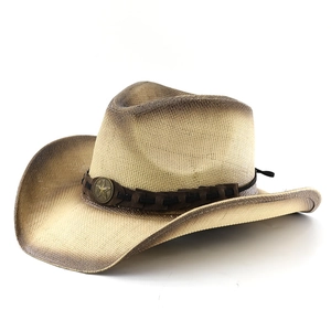 Vintage woven cowboy hat with star emblem and sun protection for outdoor activities
