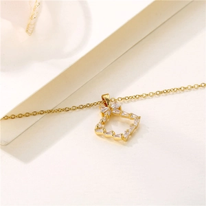Gold stainless steel rhombus chain necklace with bow square diamond pendant for women