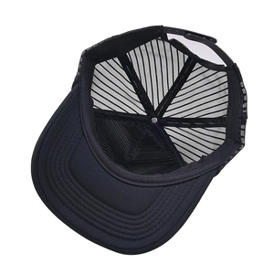 Unisex black breathable trucker hat with question mark print and mesh back panels