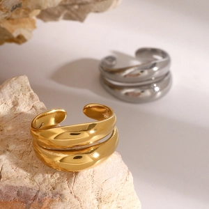 Minimalist double layer cutout open rings in polished gold and silver finish