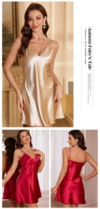 Detailed views of champagne gold and burgundy satin slip nightgowns with adjustable straps