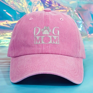 Pink washed cotton baseball cap with Dog Mom embroidery on holographic background