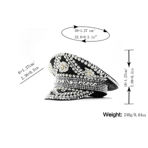 White pearls and rhinestones on black sequin captain hat with lace flowers for party