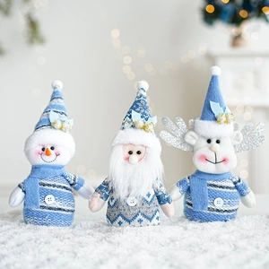 Christmas Plush Doll Ornaments Blue Knitted Santa Snowman Reindeer Desktop Decorations For Holiday Home Party Winter Style