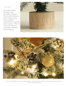 Detail of wooden base with natural grain and mini Christmas tree ornaments with warm lights