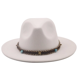 White wide brim felt fedora hat with bohemian braided band and turquoise bead accents