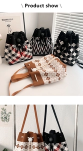 Detail showing knitted drawstring bucket bags in houndstooth, checkerboard, and wave patterns