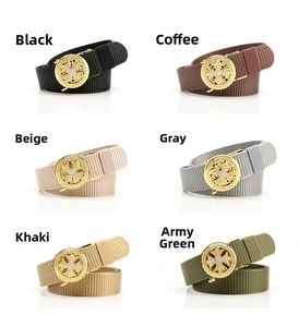 Detailed display of men's nylon belts in six colors with rhinestone cross buckles