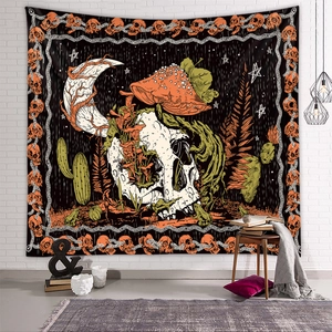 Tenture murale psychédélique de crâne et champignons pour déco bohème de chambre