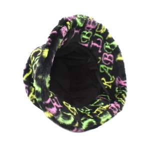 Detail view of the black plush bucket hat with vibrant neon graffiti letter printing
