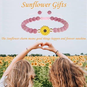 Sunflower charm beaded bracelet with pink gemstone beads and get well soon gift card