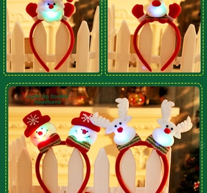 Detail of LED Christmas headbands featuring Santa Claus, snowman, and reindeer designs