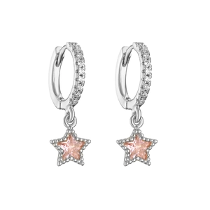 Macro shot of pink star-shaped drop earrings with micro-pave cubic zirconia accents