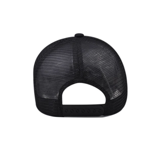 Rear view of black mesh trucker hat featuring adjustable snapback closure for custom fit