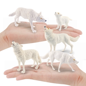 Five-piece white wolf figurine set featuring various poses with realistic fur texture