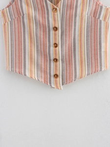Detailed view of the multi-color rainbow striped vest featuring five-button closure