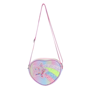 Detail of glitter heart bag with rainbow strap and sparkling star appliqué for girls
