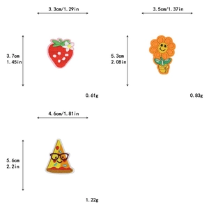 Detailed dimensions of strawberry, sunflower, and pizza embroidered iron-on patches