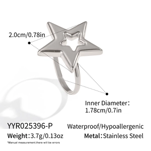 Détail de la bague étoile pentagramme avec mesures de 2,0 cm extérieur et 1,78 cm de diamètre