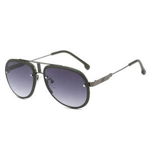 Retro pilot sunglasses with dark green frames and grey gradient lenses on white background