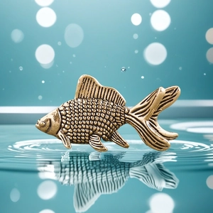 Artistic bronze goldfish ornament with realistic textures reflecting on blue rippling water