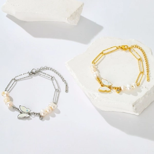 14K gold and silver plated butterfly pearl bracelets in stainless steel link chain design