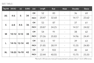 Detailed size chart for long sleeve lace top showing measurements in CM and inches